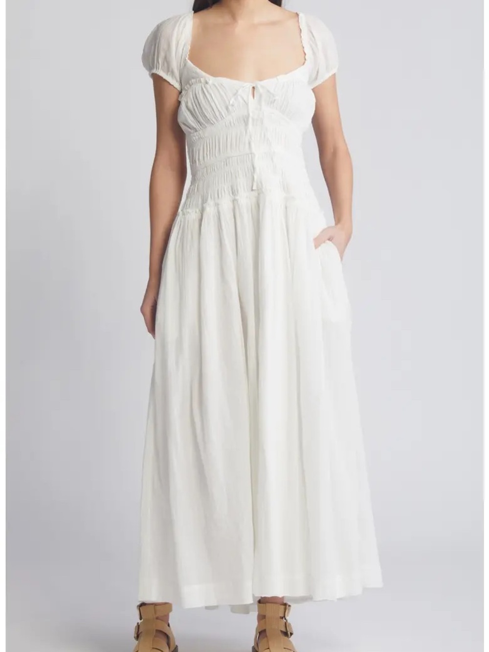 Free People White Puff-Sleeve Smocked Maxi Dress